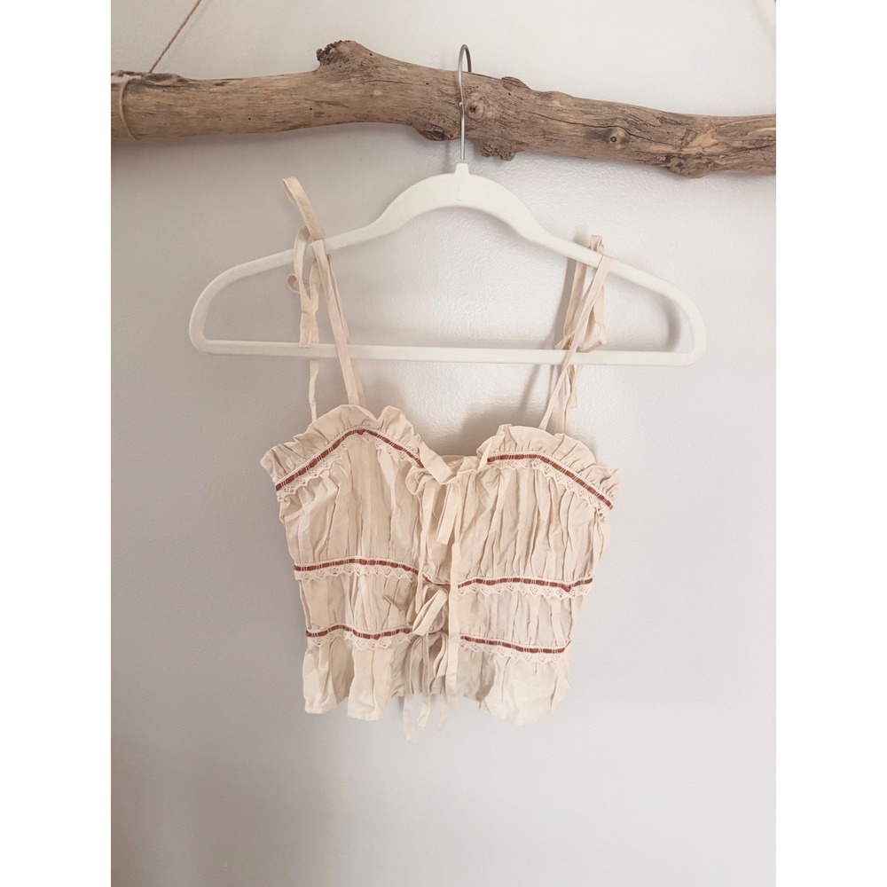 Thirty Thirty LA Women Cream Ruched Lace Trim Tie Strap Crop Top XS